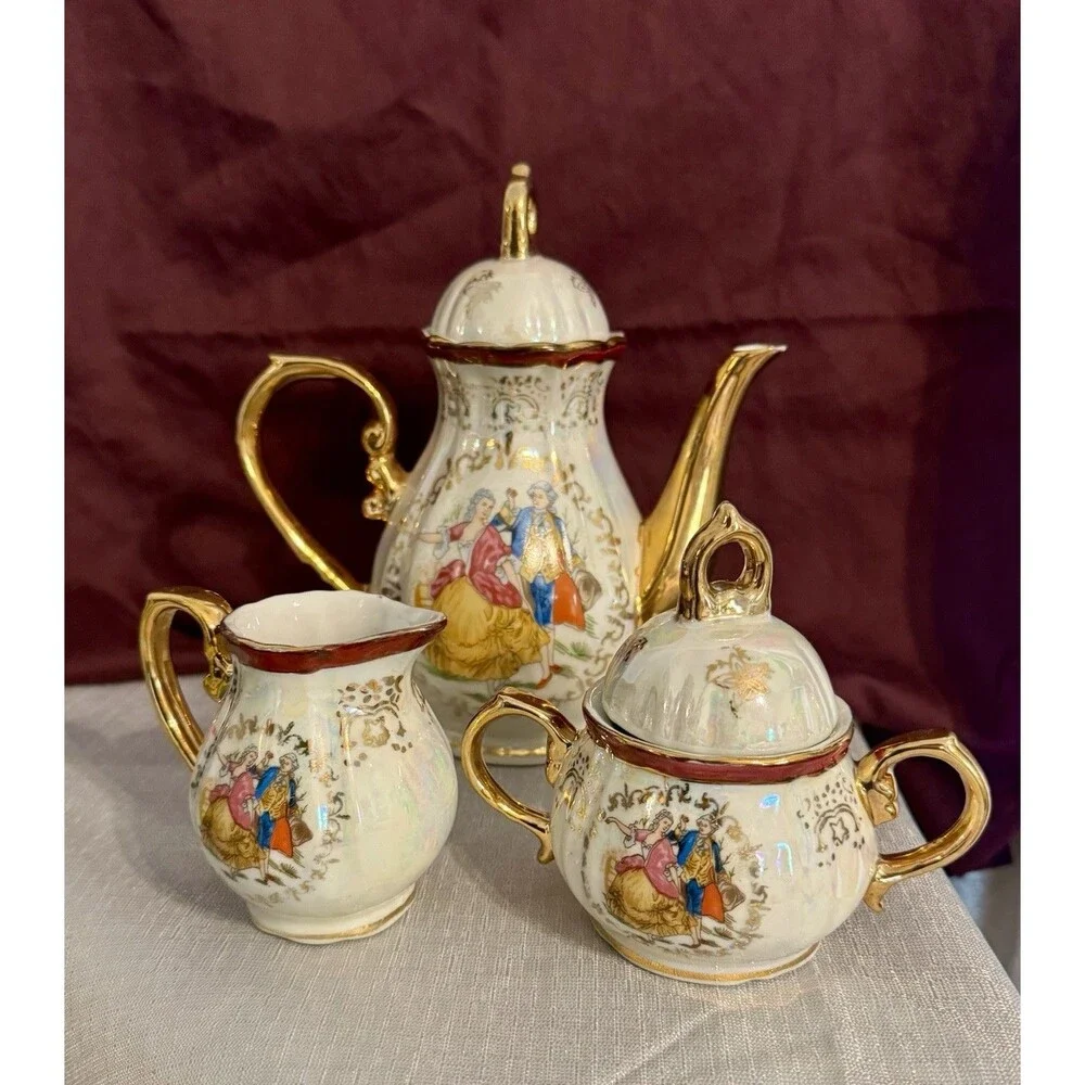 Porcelaine de Luxe A.D.P. Tea Set Teapot, Sugar, Creamer~ Courting Couple